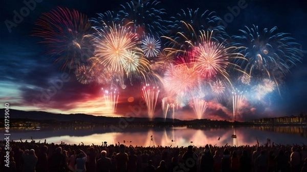 Fototapeta Colorful fireworks on the night sky with city skyline background celebrated new year generated with AI