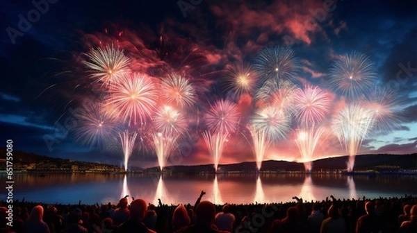 Fototapeta Colorful fireworks on the night sky with city skyline background celebrated new year generated with AI