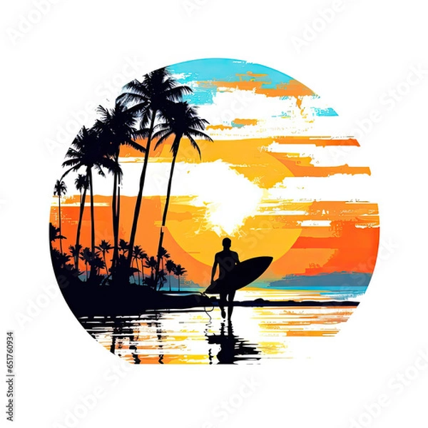 Obraz Surfer walking silhouette top of tropical beach white background, colorful vibrant AI Generated