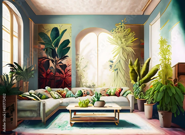 Fototapeta Interior design living room with a lot of plants and digital art concept, Generative AI.
