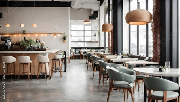 Obraz Modern interior in cafe with bar and chairs with concrete walls design Ideas and wooden floor indoors, wall color is white and black