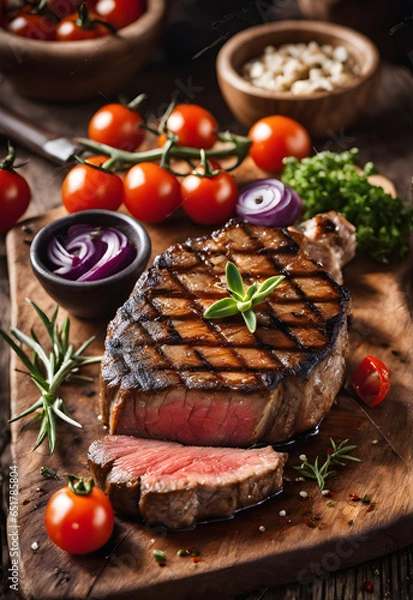 Fototapeta Grilled wagyu beef steak with spices and herbs on dark background