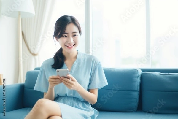 Obraz Portrait of Young Asian Woman Using Smartphone in Living Room, Shopping Online at Home, Happy Female Enjoy a Free Day, Watching Movies and Browsing Social Media