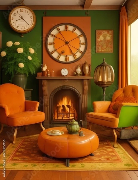 Fototapeta 1970's style room with fireplace with fire