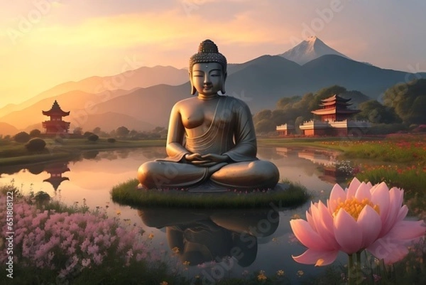 Fototapeta Buddha statue in the water garden, behind which is a mountain.
