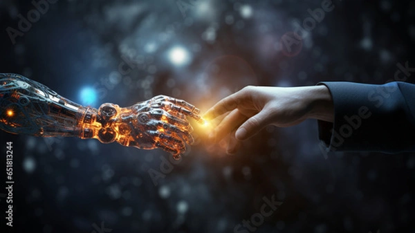 Obraz AI, Robot, Cyborg and Humanoid, Machine learning, AI Chat, Hand of robot humanoid touch a big data network connection in cyberspace. Generative Ai