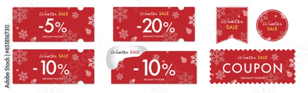 Fototapeta クリスマスセールに使える雪の結晶と赤背景のクーポンベクターアイコンデザインセット2