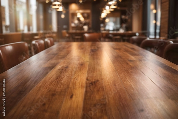 Obraz top view dark wood table, blurred hotel interior background