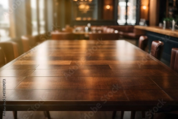 Obraz empty dark wood table top,  blurred coffee shop background, product display 