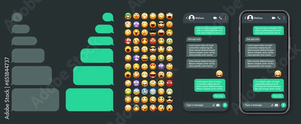 Fototapeta Smartphone messaging app, user interface with emoji. SMS text frame. Chat screen, green message bubbles. Texting app for communication. Social media application. Dark mode. Vector illustration
