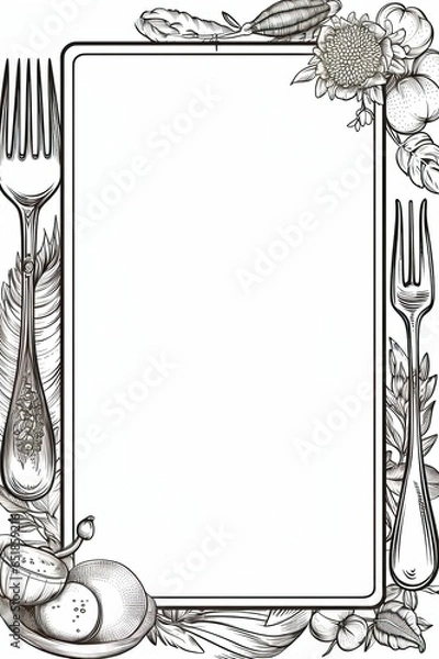 Fototapeta Cutlery frame with cutlery on white background (vertical view), hand drawn cutlery illustration background, editable menu template, printable invitation, stationery, diary, recipe template