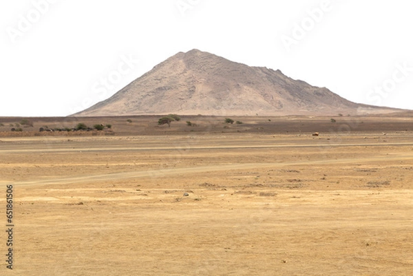 Fototapeta Rocky desert landscape with mountain in the background and transparent sky. Background suitable for 3D compositing
