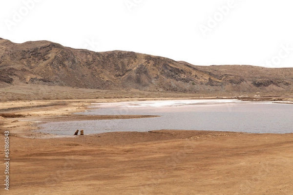 Fototapeta Rocky desert landscape with salt lake and transparent sky. Background suitable for 3D compositing