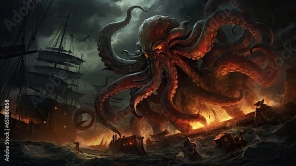 Obraz a kraken monster that destroys a ship at sea