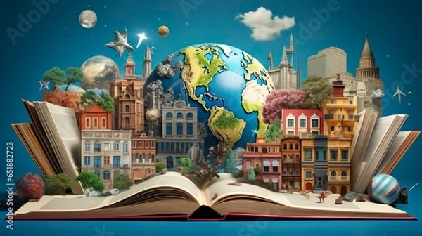 Fototapeta Education and Intelligence Collage with Global Travel Theme - Open Book with Globe and Real World Sights