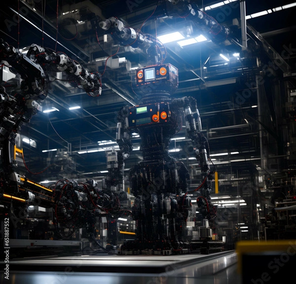 Obraz Humanoider Roboter steht in moderner Produktionsanlage