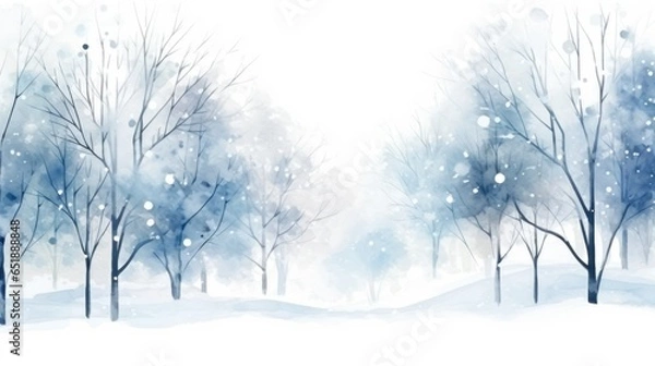 Fototapeta Background or backdrop for text: autumn winter landscape trees without leaves in the park snow in watercolor style