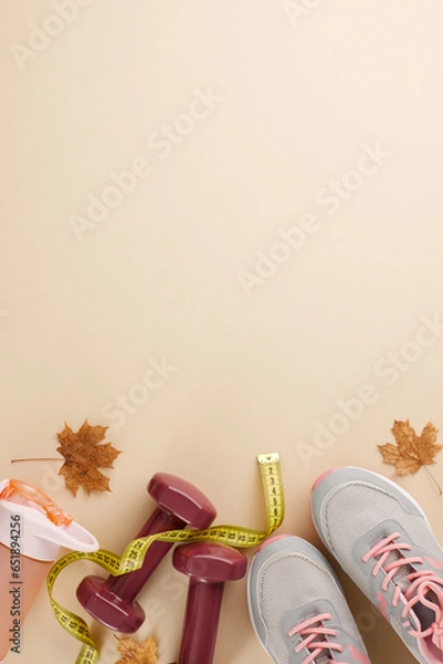 Fototapeta Body makeover for autumn idea. Top view vertical flat lay of sneakers, tape measure, dumbbells, plastic bottle, cutlery, fallen leaves on pastel beige background with ad placement