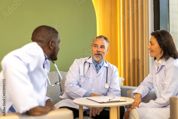 Fototapeta Group of professional medical doctor team meeting training medical in uniform working discussing and talk with patients record, teaching medic team, sit in hospital.health medical care concept