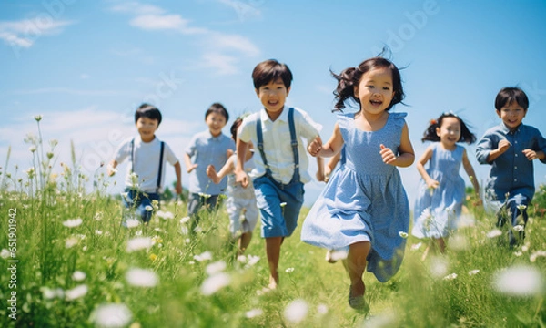 Obraz Group of happy little asian kids running on green summer field with Blue sky background.