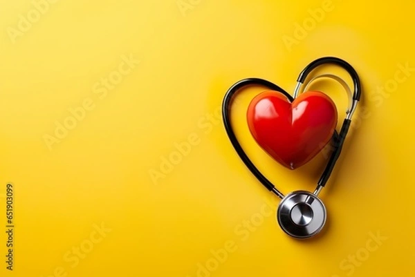 Fototapeta Stethoscope and red heart on yellow background. Cardiology concept