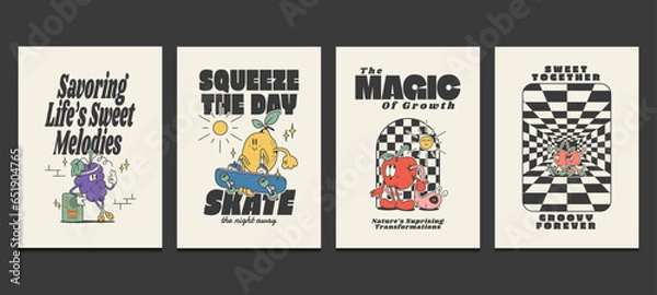 Obraz groovy 70s posters with retro fruits cartoon characters, vector illustration