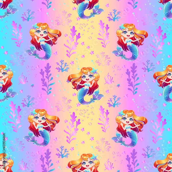 Fototapeta Seamless pattern with a cute mermaid with pink hair