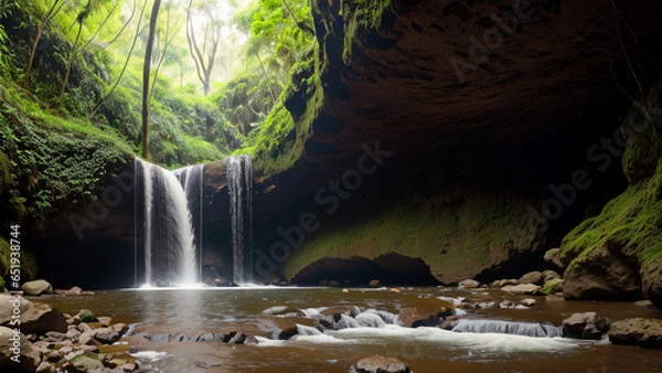 Obraz Waterfall, cave in rainforest, park, Generative Ai.