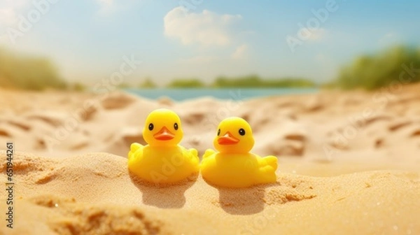 Obraz yellow rubber ducks on sand background
