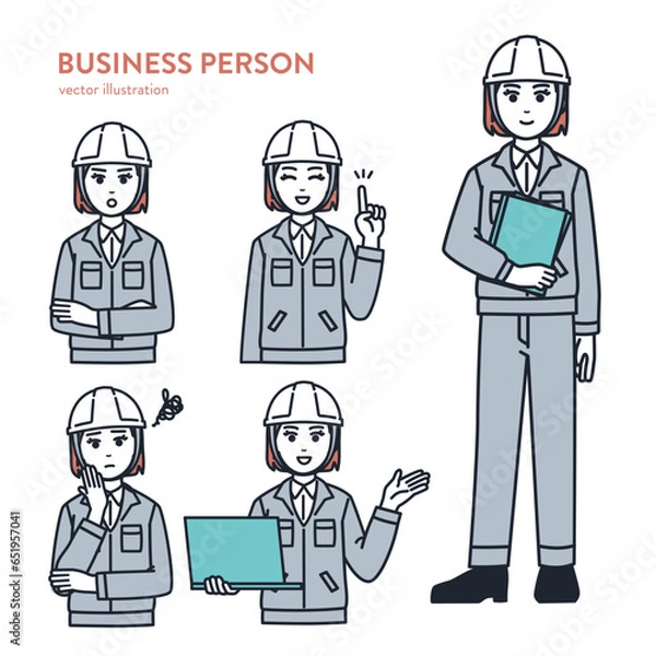Fototapeta 建設業種の中堅女性会社員／作業員 さまざまなポーズセットベクターイラスト素材