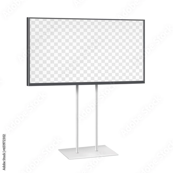 Fototapeta Digital LCD display stand realistic vector mockup. Large video banner with transparent screen on metal base mock-up