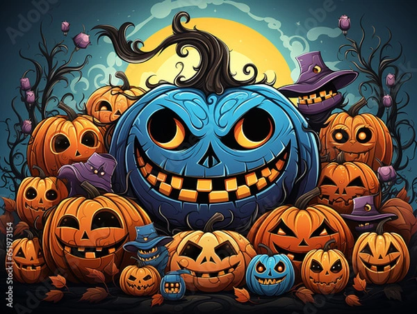 Obraz A group of pumpkins for Halloween against the background of the night sky with tree branches