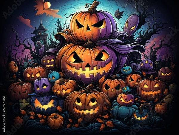 Fototapeta Pumpkin lanterns at night against the backdrop of a creepy castle in the forest