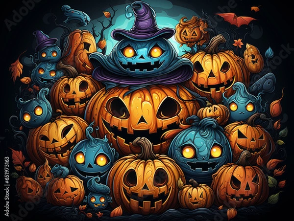 Obraz A group of pumpkins for Halloween against the background of the night sky with tree branches