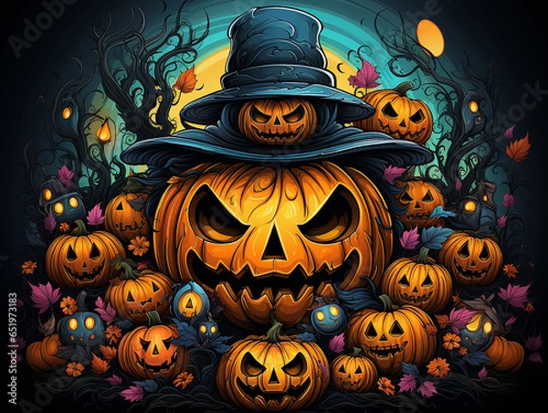 Obraz A group of pumpkins for Halloween against the background of the night sky with tree branches