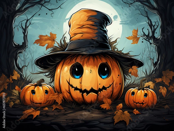 Obraz A group of pumpkins for Halloween against the background of the night sky with tree branches