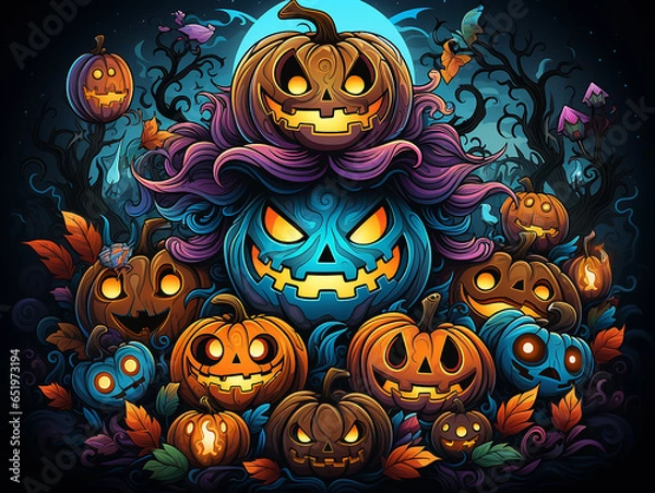 Obraz A group of pumpkins for Halloween against the background of the night sky with tree branches