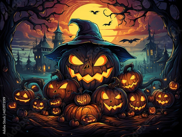 Obraz Pumpkin lanterns at night against the backdrop of a creepy castle in the forest