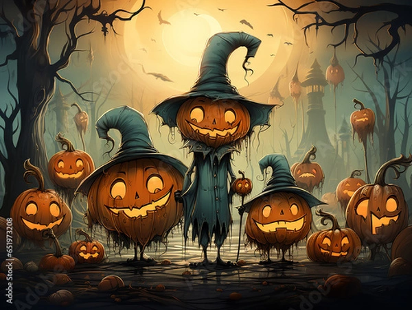 Obraz Pumpkin lanterns at night against the backdrop of a creepy castle in the forest
