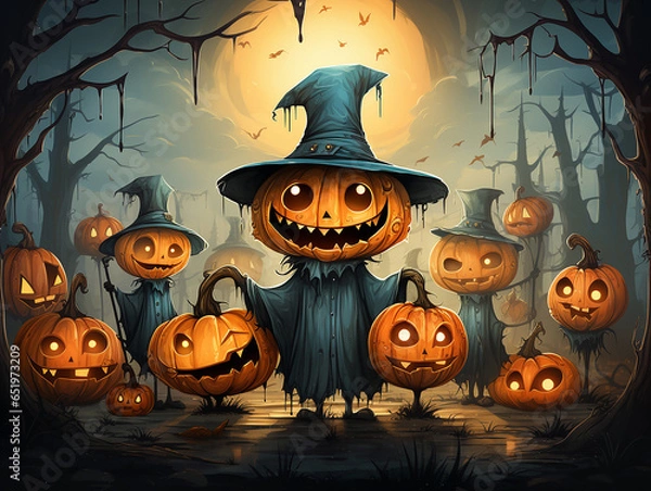 Obraz Pumpkin lanterns at night against the backdrop of the moon and a scary forest