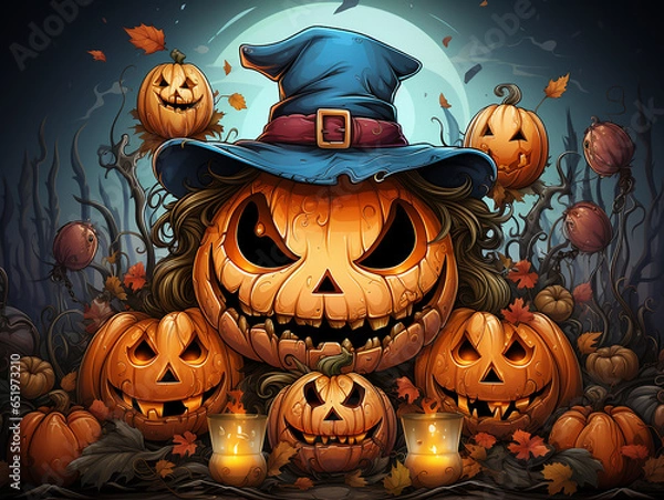 Fototapeta A group of pumpkins for Halloween against the background of the night sky with tree branches