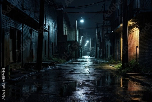 Fototapeta Dark downtown back alley at night after raining. Urban back street with atmospheric lighting  and soggy street. Inner city dark alleyway. Urban decay and weathered architecture. Generative AI