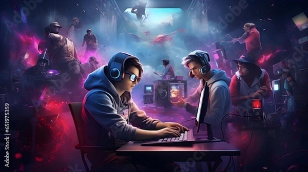 Obraz A gamer immersed in the world of e-sports. The future of the gaming industry. Generation AI.