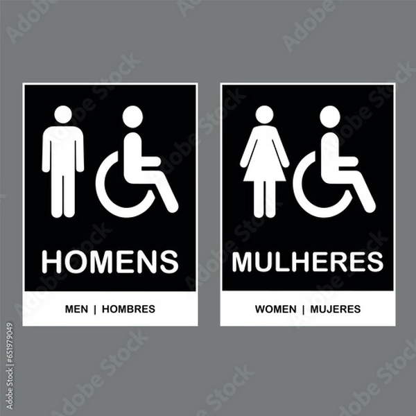 Fototapeta Placas de Sinalização para Banheiros Minimalistas Masculinos Femininos e Deficientes com Tradução ao Inglês e Espanhol. Artes disponíveis na cor preta com detalhes em branco.