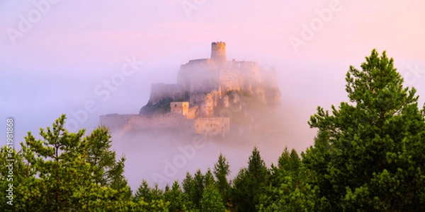 Fototapeta Spis Castle (Spissky hrad, Slovakia) - one of the most impressive castles in Central Europe emerges from the melting fog
