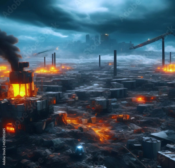 Obraz postapokalyptische Industrielandschaft mit einer Stadt im Smog im Hintergrund