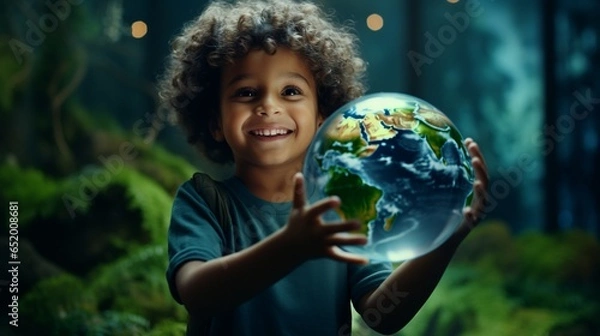 Obraz Child holds an illuminated globe and smiles with hope and innocence