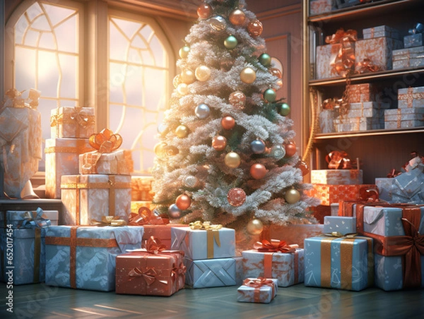 Fototapeta A mountain of New Year's gifts stands in a New Year's toy and gift store against the backdrop of a large window and a decorated large Christmas tree and shelves with toys.