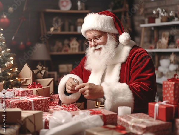 Fototapeta Santa Claus in glasses sits in his workshop and packs New Year's gifts with a smile against the backdrop of a decorated New Year's tree.