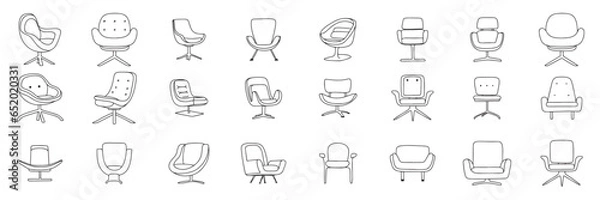 Fototapeta Big collection of doodle chairs. Hand drawn doodle modern armchairs. Set of armchairs outline. Vector illustration.